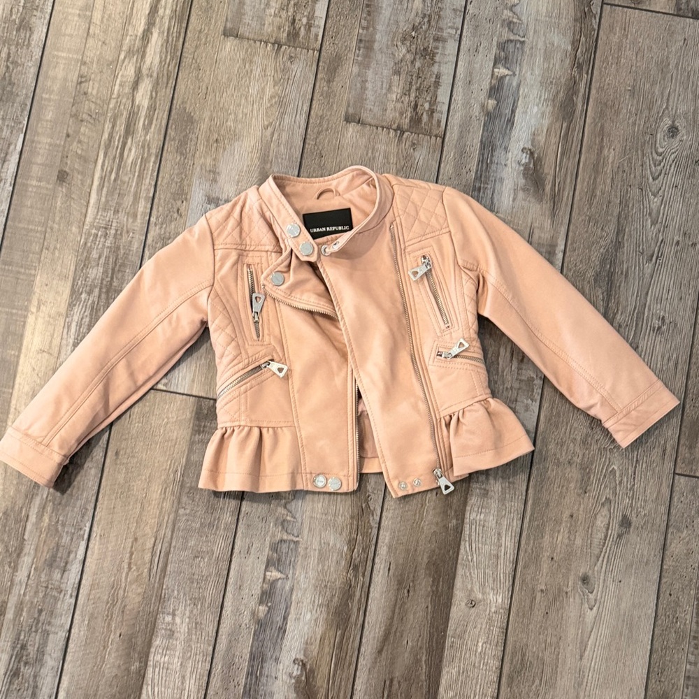 Kids Urban Republic Faux Leather Pink Jacket with Ruffle Hem